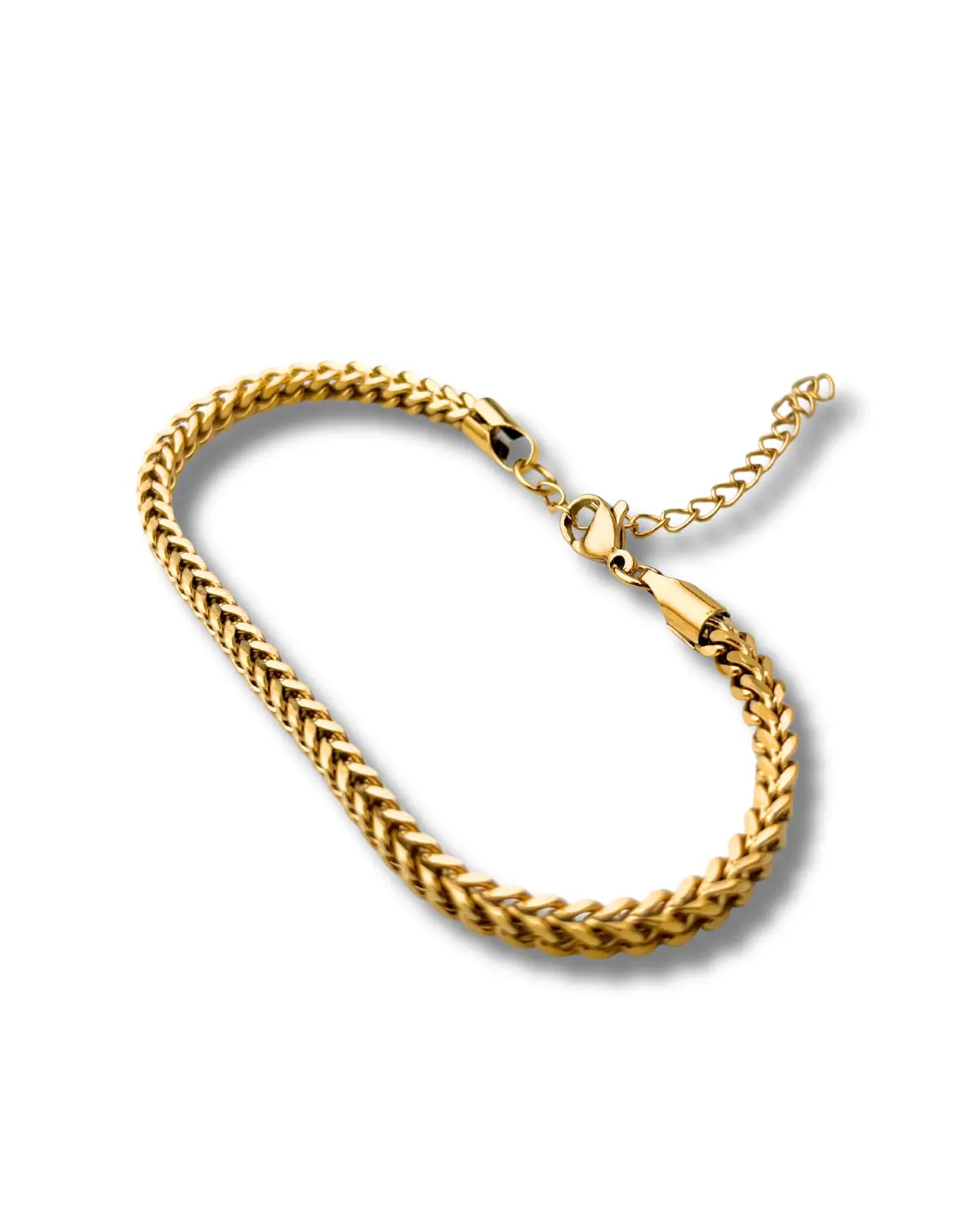 Black braided bracelet with a gold clasp on a white background