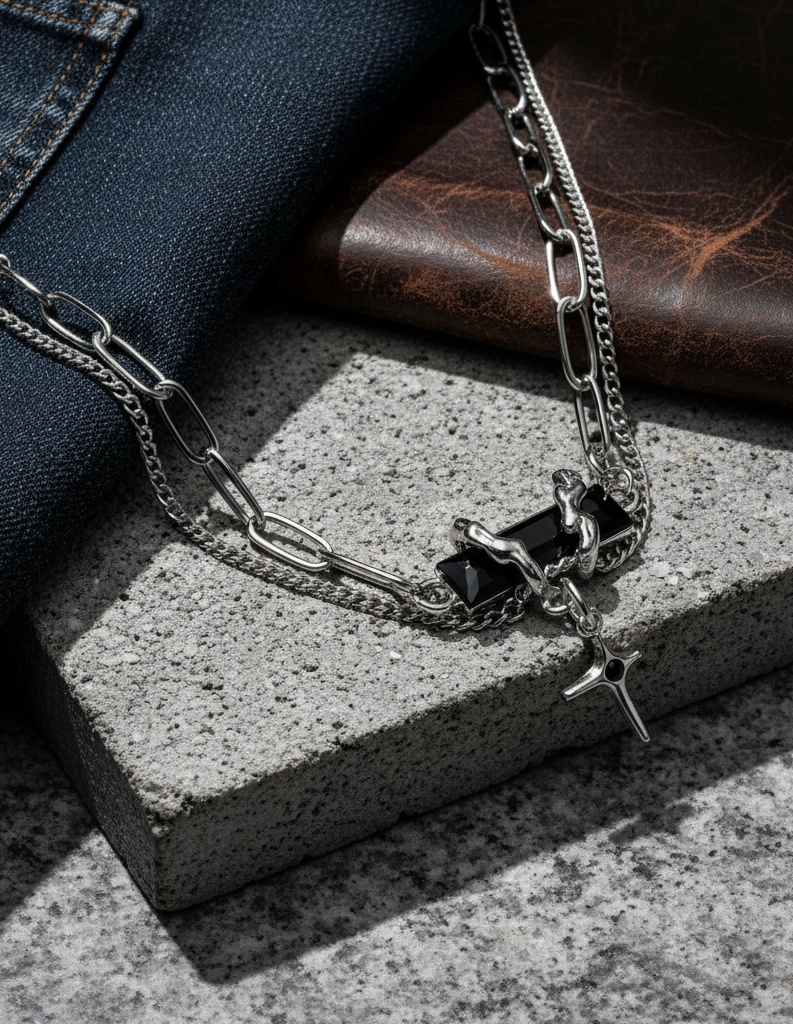 Black stone Obsidian Multi-Layered Chain