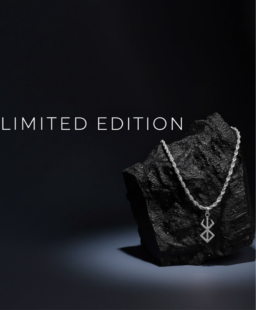 Berserk Necklace with a unique pendant on a dark rock, labeled 'Limited Edition' on a black background.