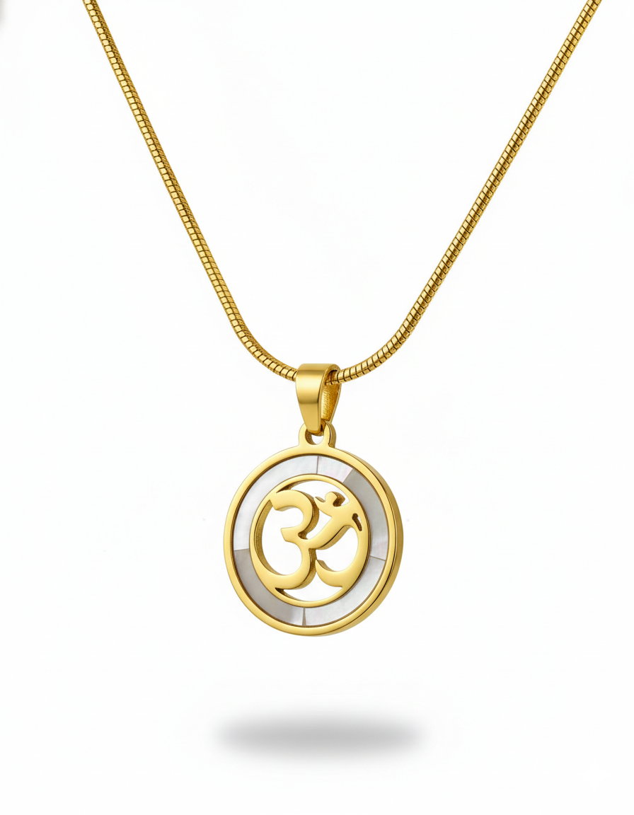 Gold necklace with a pendant featuring the Om symbol on a white background